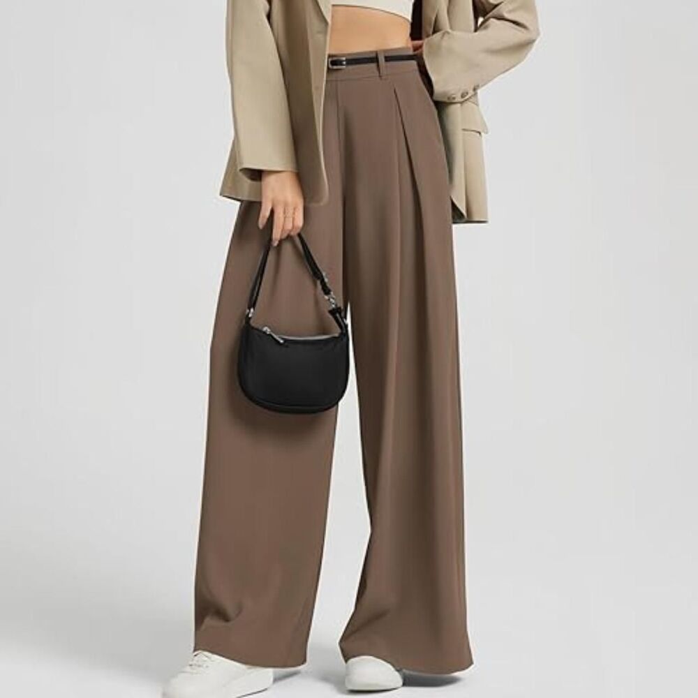 Elegant High Waist Pleated Wide Leg Chiffon Pants Flowy Office Casual Trouser El